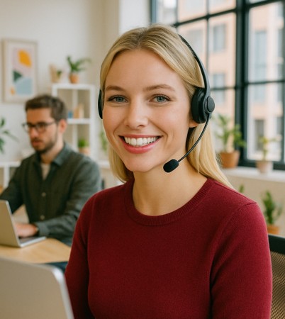 Freundliche Service-Mitarbeiterin mit Headset im modernen KI-Service-Center